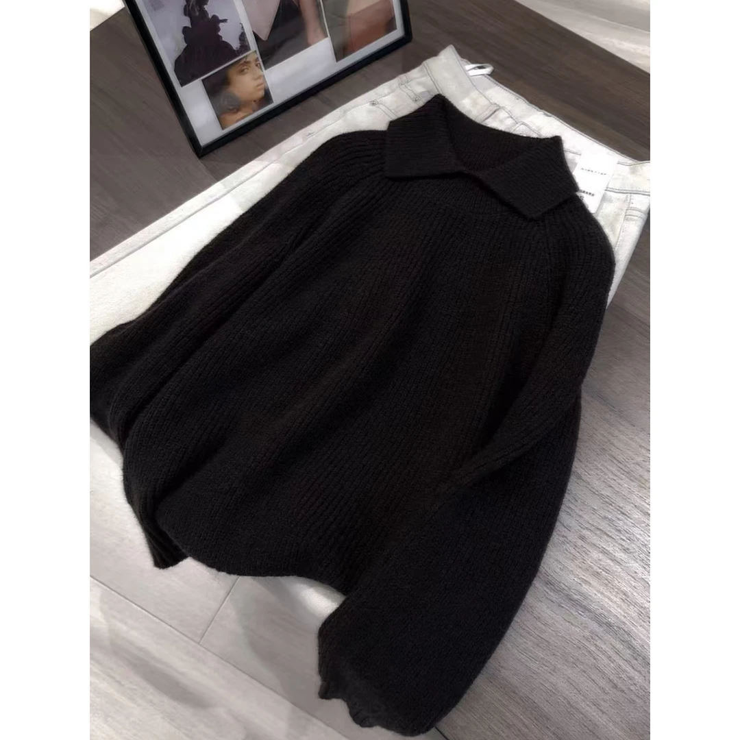 深黑咖翻领」显瘦不挑人！加厚冬季宽松套头针织毛衣女秋冬氛围感