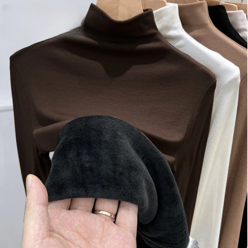 加绒莫代尔半高领打底女2024秋冬新款洋气时尚百搭长袖t恤