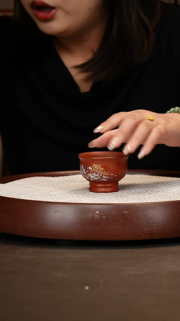 紫砂朱泥雪景高足杯