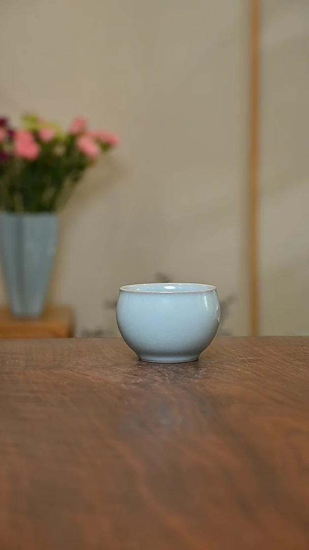 缸杯 天青 微瑕 朱家汝窑款