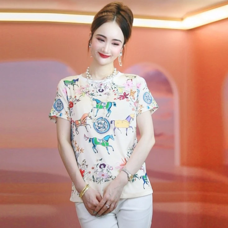 【LOVEJWCOCO琳姐】真丝清仓 香槟色名媛桑蚕丝小马印花弹力T恤上衣