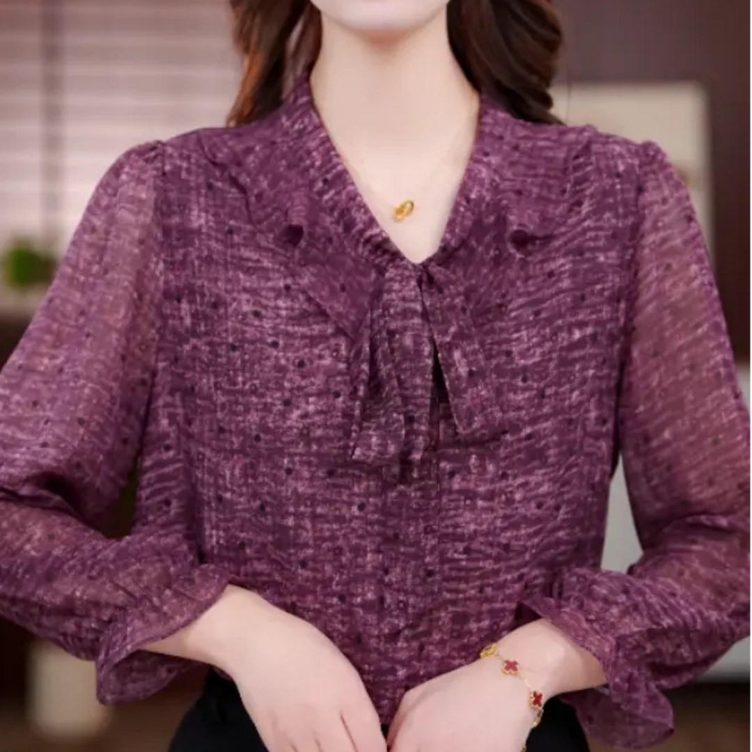 怀金垂紫2025新款V领气质小衫套头衬衫长袖时髦上衣女打底衫