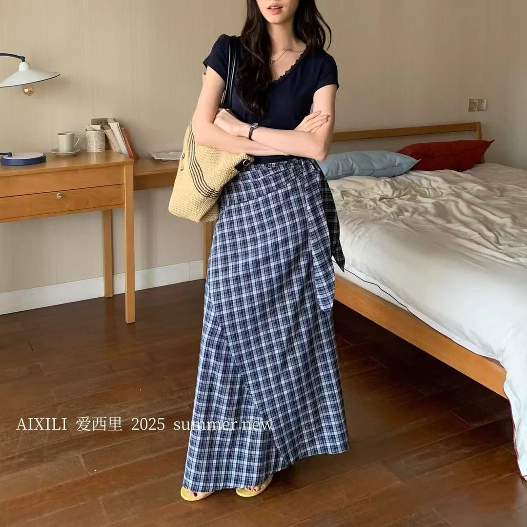 4106号13657#百搭文艺范休闲显瘦格子半身裙