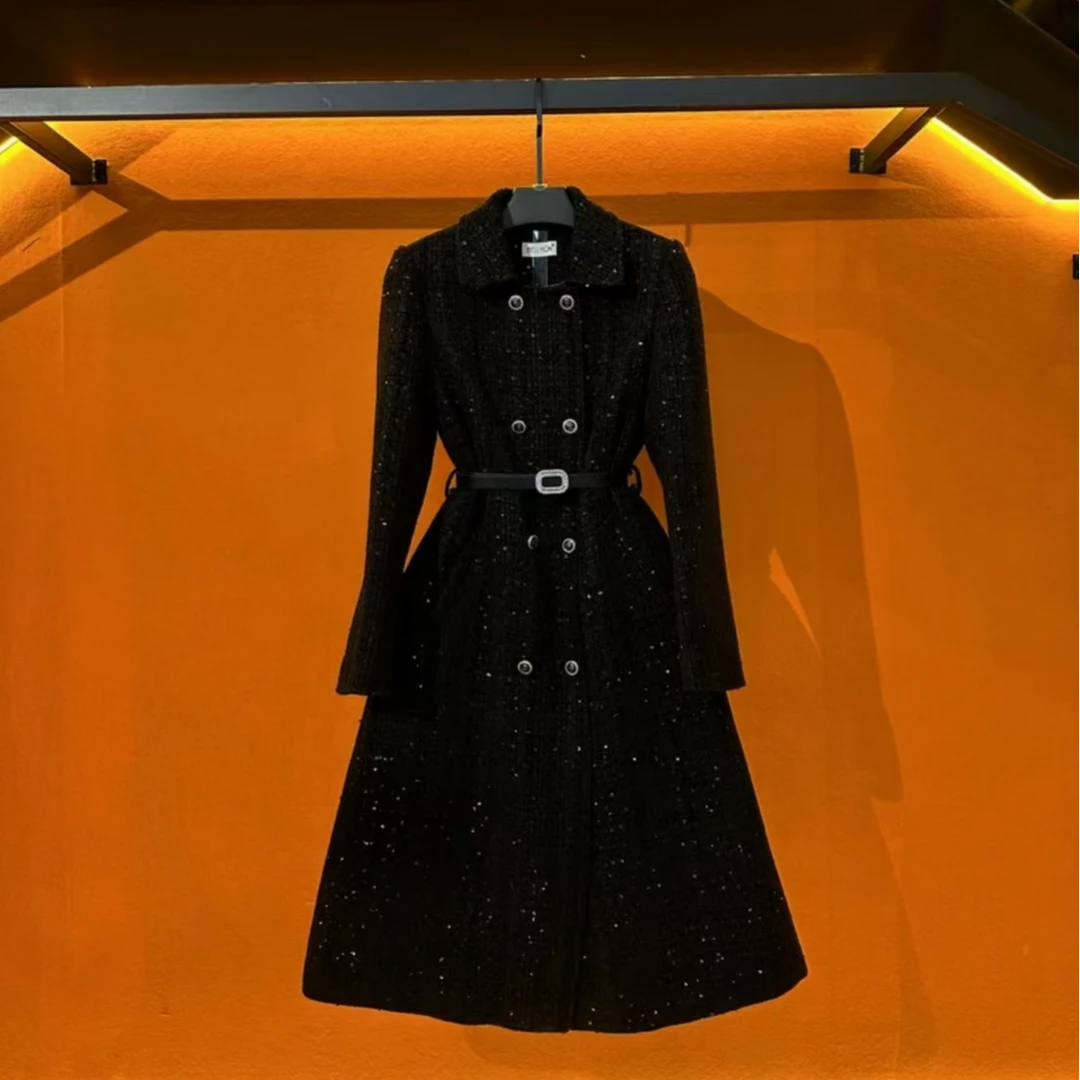 梦想服饰2025秋冬季高奢黑色大气个性时尚遮肉外套套装5056