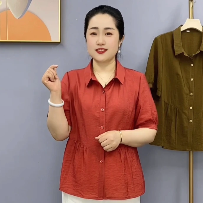 夏季新款简单大方时尚洋气宽松显瘦中年妈妈装翻领短袖上衣3-20款