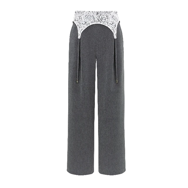 【品牌专属】Three Quarters 灰色蕾丝翻腰头设计穿搭休闲阔腿1079