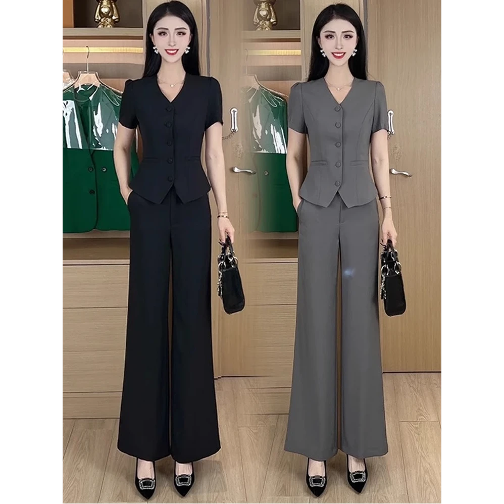 时尚气质套装女2025夏季新款洋气显瘦短袖上衣阔腿裤高级感两件套