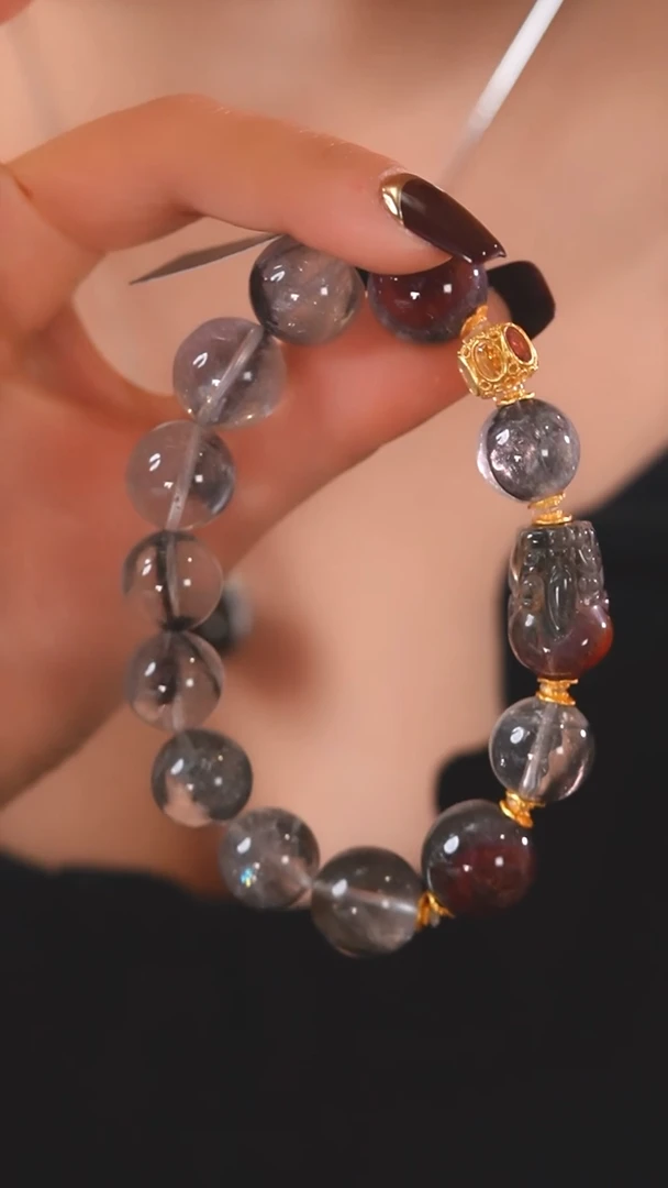 未镶嵌珠宝半成品水晶F38 荆棘玫瑰貔貅 黑银钛 水晶手串