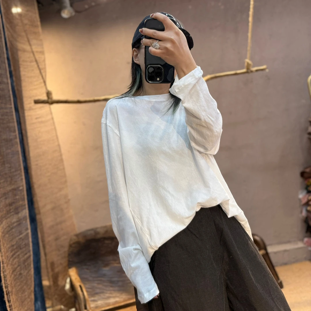 6803春季高品纯棉宽松休闲t恤设计师版圆领水洗做旧纯色女士上衣