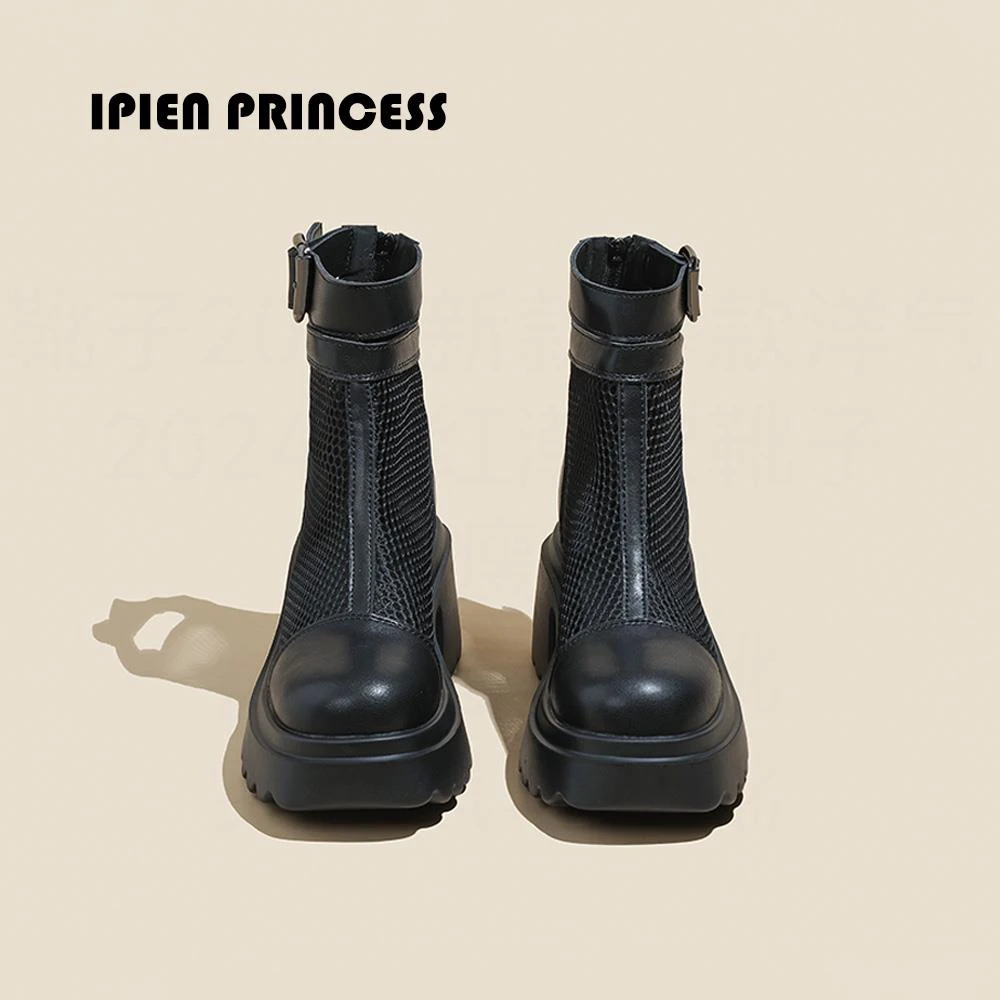 黑色马丁靴女2025夏季新款网面薄款透气短靴厚底增高英伦风凉靴子