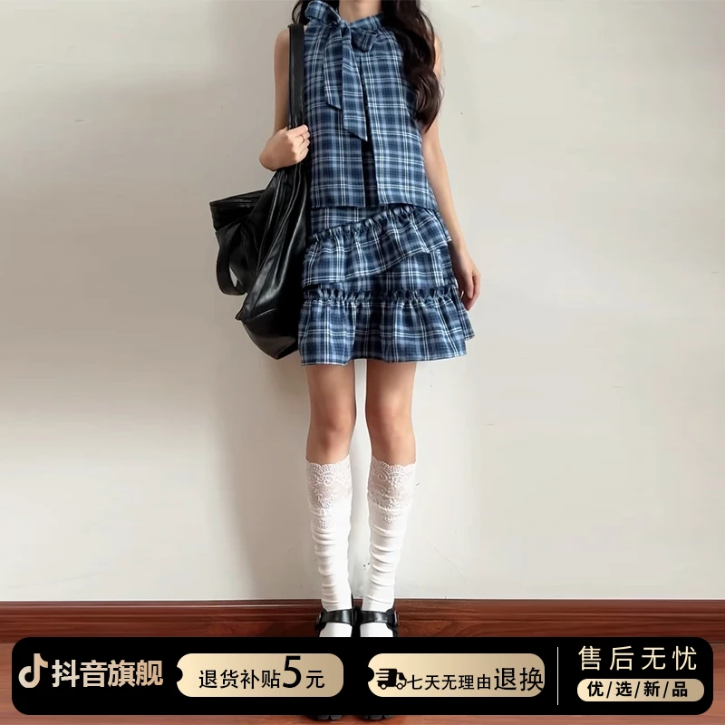 蓝色格纹无袖背心连衣裙子女装夏季2025新款小个子不规则蛋糕短裙