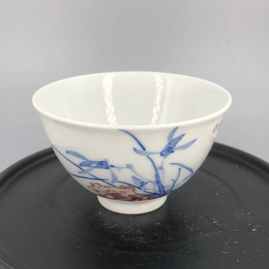 元煦丨釉里红兰花竹石图白瓷手工小碗杯主人杯茶杯60ML景德镇陶瓷