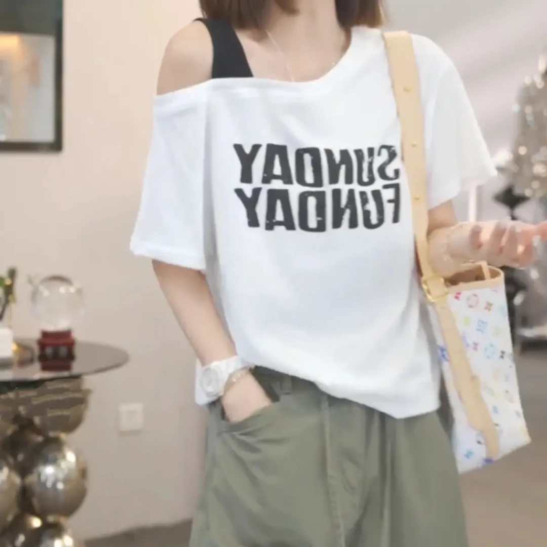 2025夏季新款时尚休闲宽松显瘦气质字母印花设计百搭白色T恤上衣