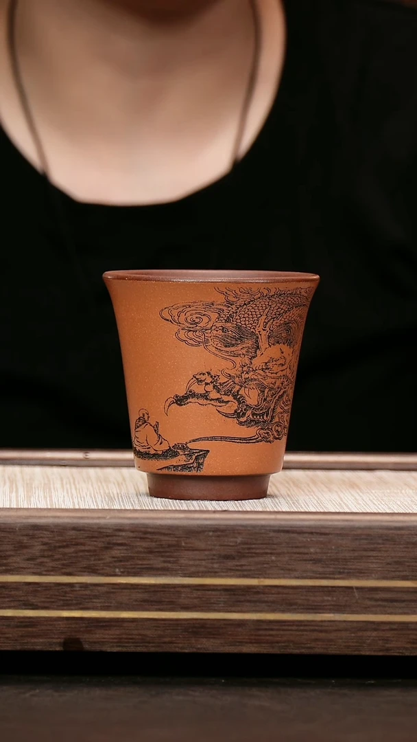 茶壶紫砂紫泥粉浆 闻香杯 刻绘祥龙