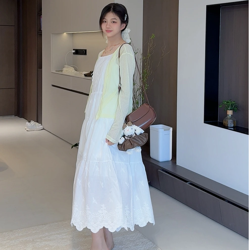 TTY青少年装 2025夏季时尚显瘦白色连衣裙长袖开衫俩件套279199