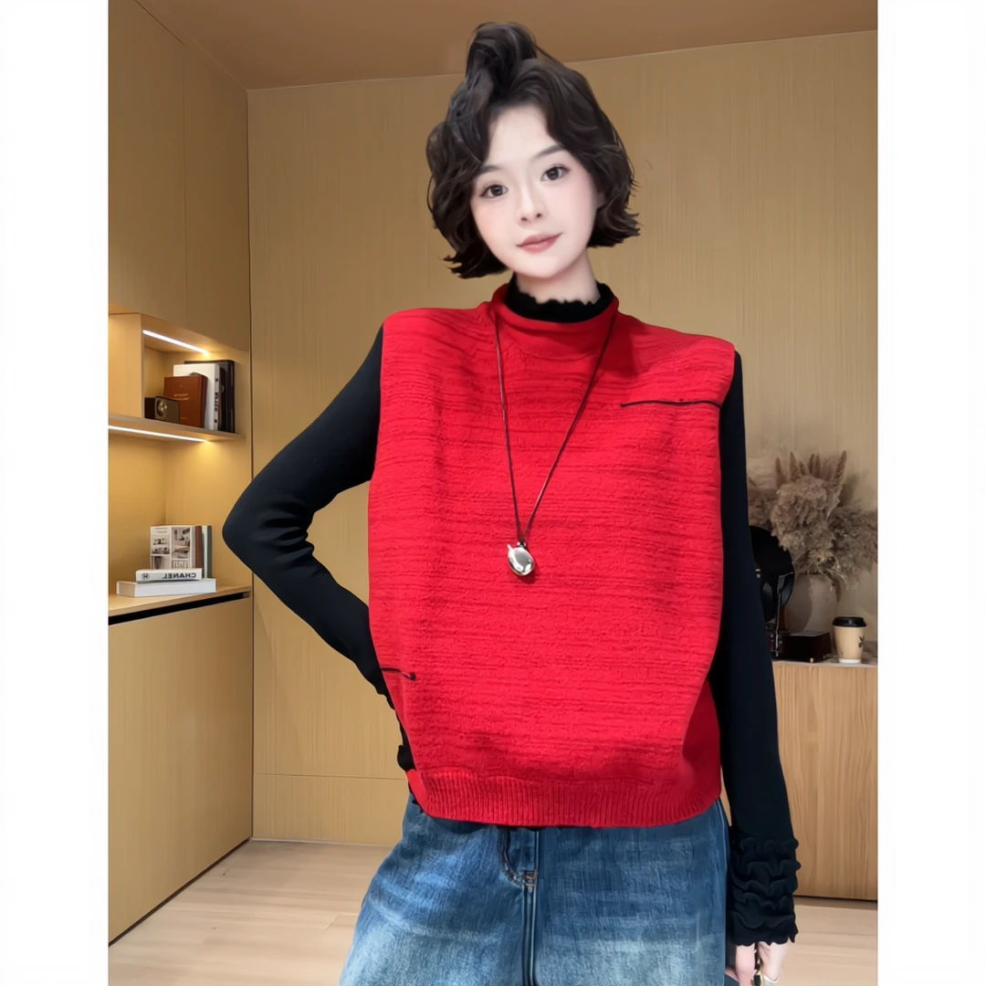 欧尼私服2025秋冬新款极简套头公主风针织马甲条纹圆领2512C9322