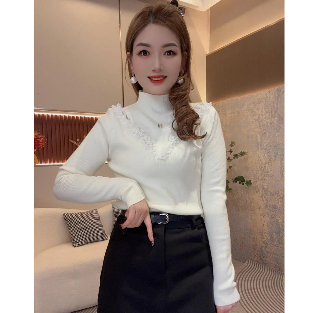 设计感网纱蕾丝拼接超细针织衫女2025秋冬洋气修身显瘦打底衫