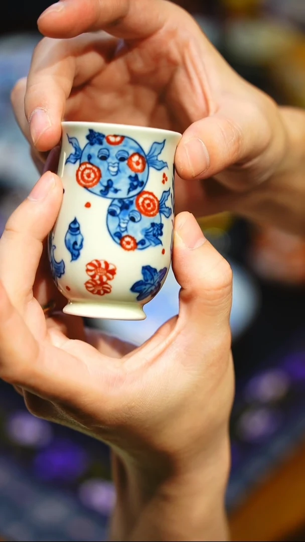 瓷片青花河豚杯碗茶的茶器