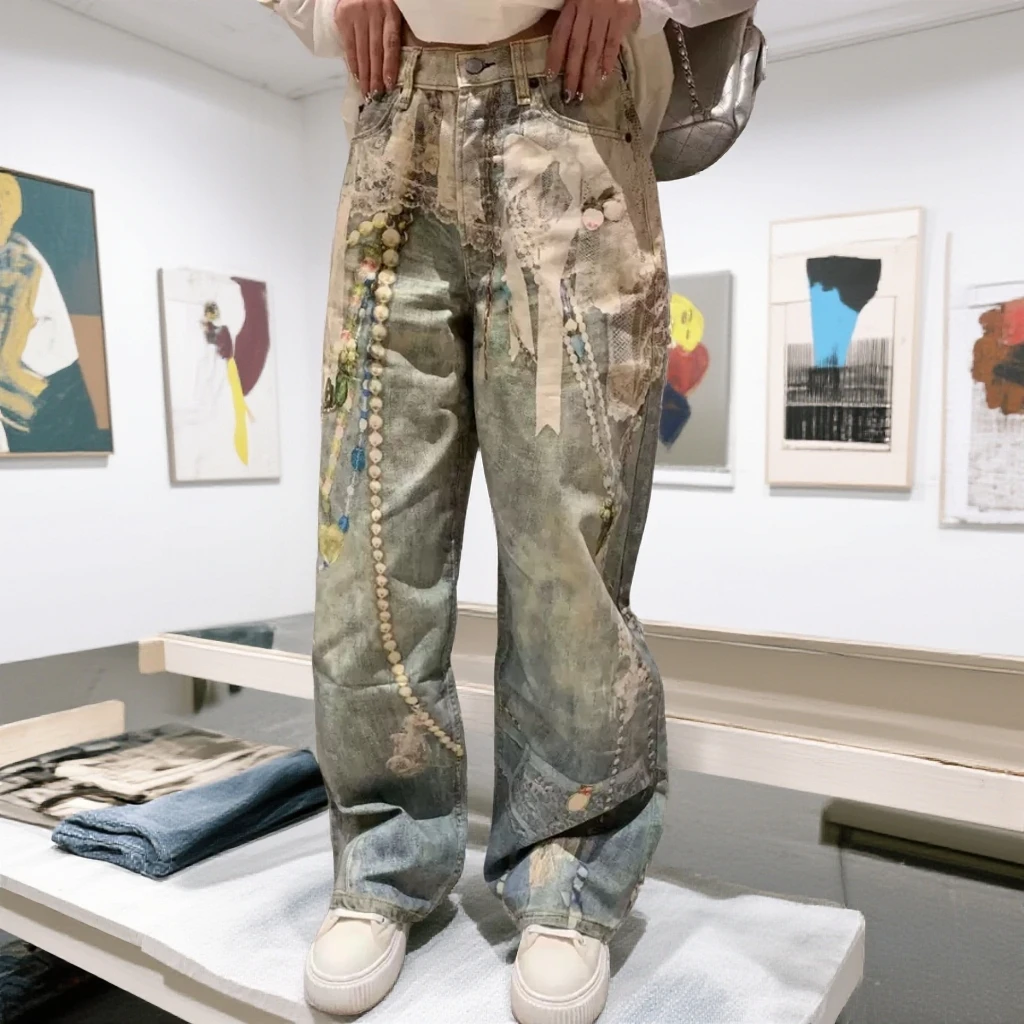 老张严选3D打印蕾丝珍珠链条洗水美式高街潮牌牛仔裤