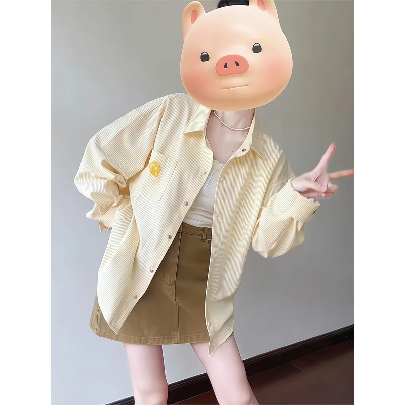 牙刷绣条纹衬衫复古休闲宽松百搭长袖上衣高腰显腿长半身裙短裙女