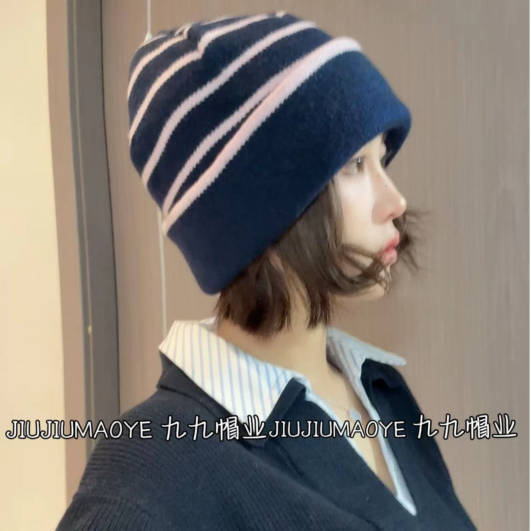 复古条纹撞色针织帽子女时尚百搭双层保暖包头帽秋冬休闲堆堆帽男