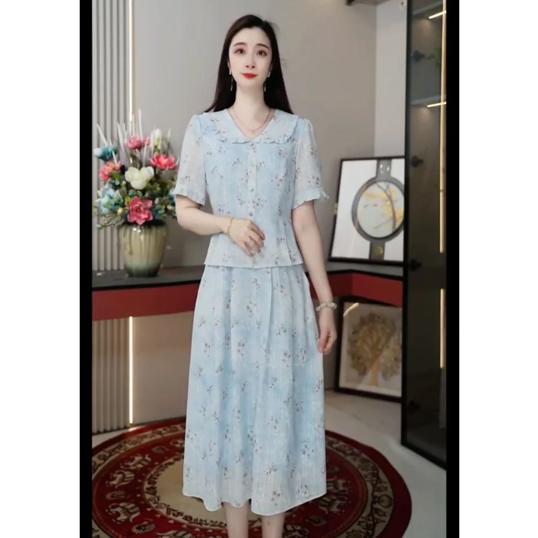 2528夏新款显瘦短袖连衣裙时尚洋气减龄遮肉修身气质中长款A字裙