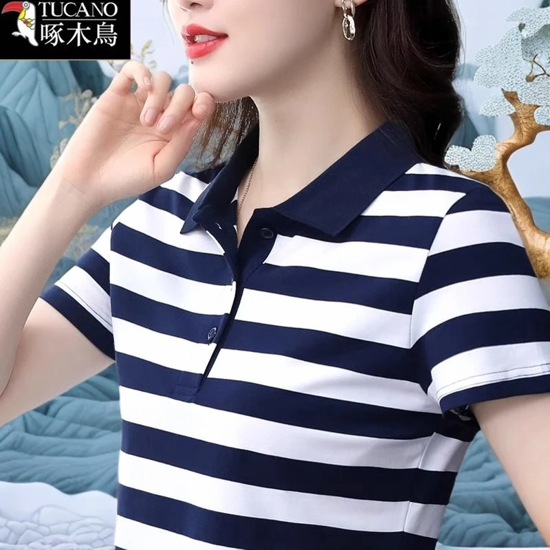 啄木鸟正品条纹撞色女士减龄T恤2025年夏季新款纽扣翻领短袖上衣