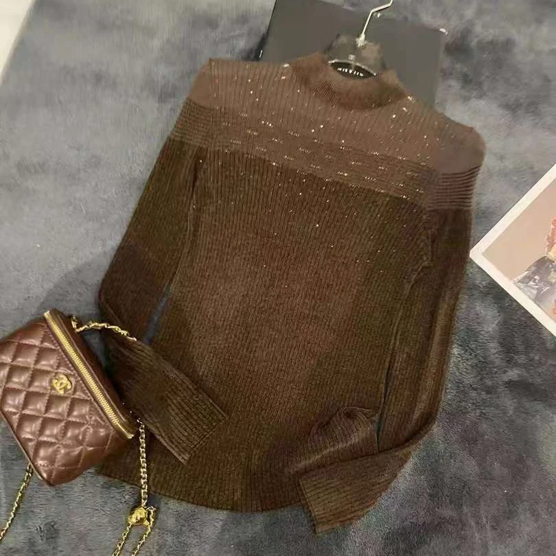 冬季时尚百搭显瘦不起球镂空烫钻女士套头中领打底上衣毛衣1m851