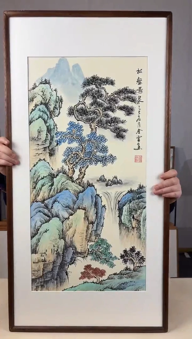 国画手绘*松鹤鸣泉*47*92cm*黑胡桃色木框