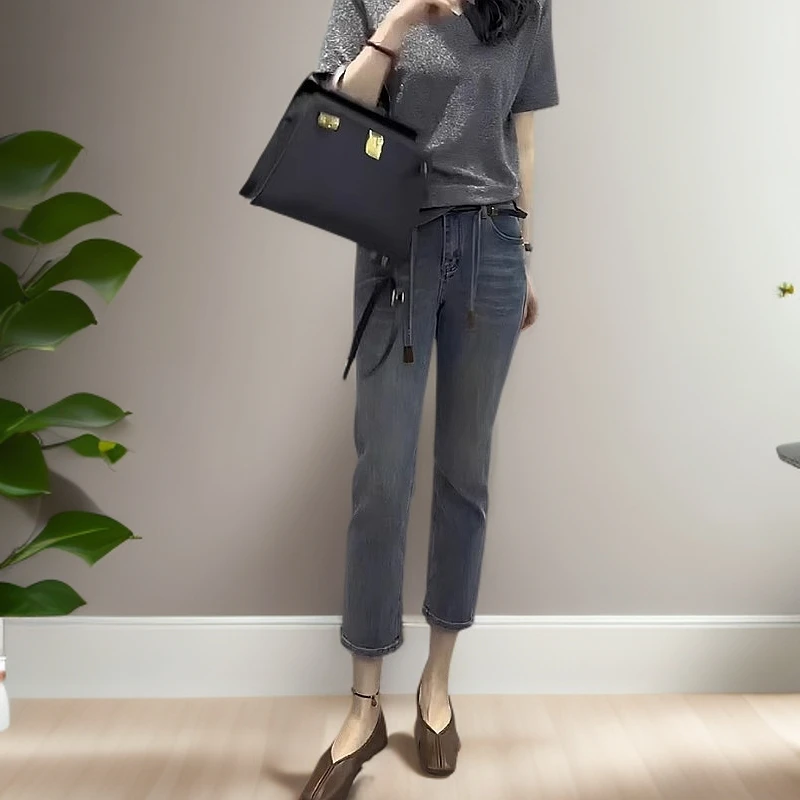 大码女装复古百搭牛仔裤女2025秋季新款流行直筒修身九分烟管裤子
