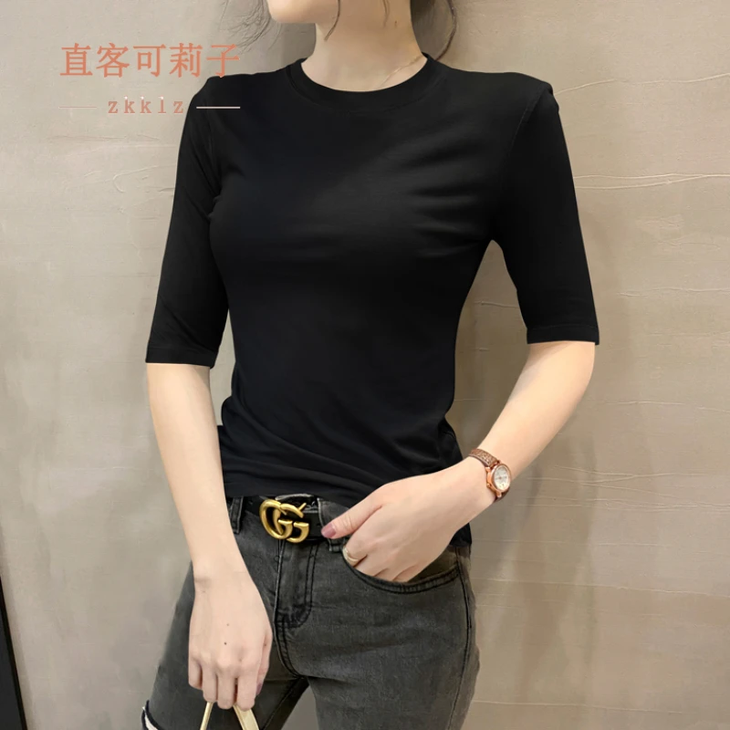 黑色小圆领中袖T恤女2025夏季新款莫代尔紧身薄款五分袖打底上衣t