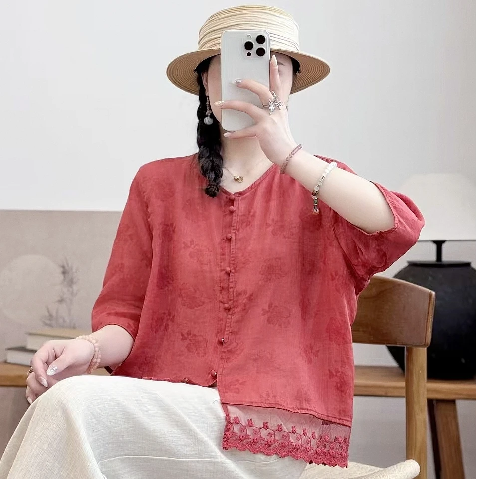 女式夏季薄款苎麻烧花蕾丝花边气质时尚国风中式短款显瘦上衣小衫
