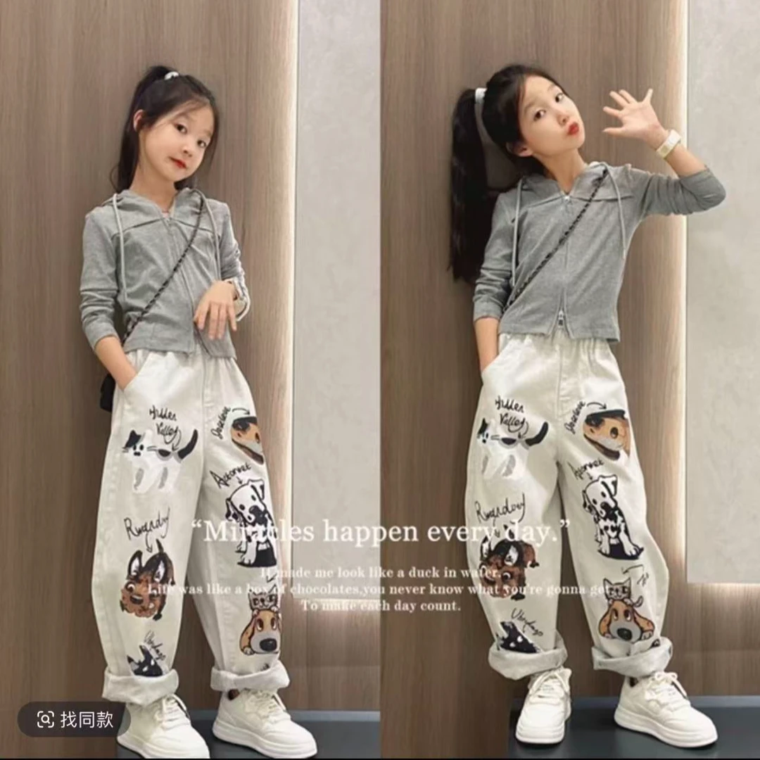 女童春秋新款韩版连帽开衫套装秋季新款潮范中大童涂鸦裤两件套