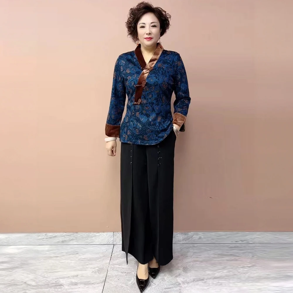 2379秋冬款长袖貂绒弹力遮肚子上衣中老年妈妈装复古汉服旗袍小衫