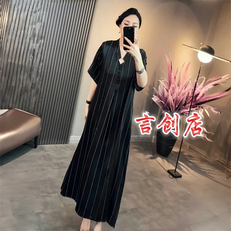 56-2夏季短袖高品质醋酸真丝条纹连衣裙宽松大码200斤阔太太长裙