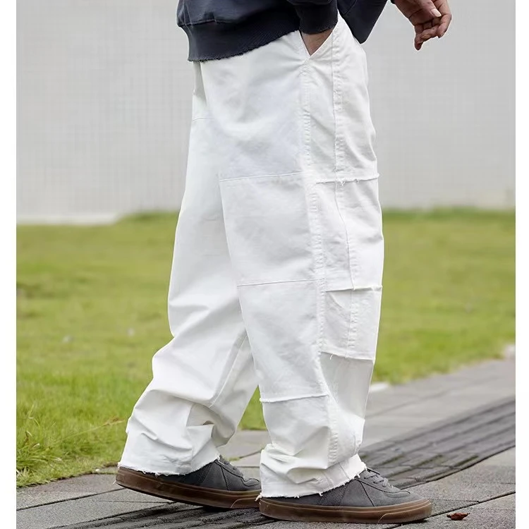 重磅系列！秋冬日系复古猫须双褶宽松工装裤白色直筒休闲裤男