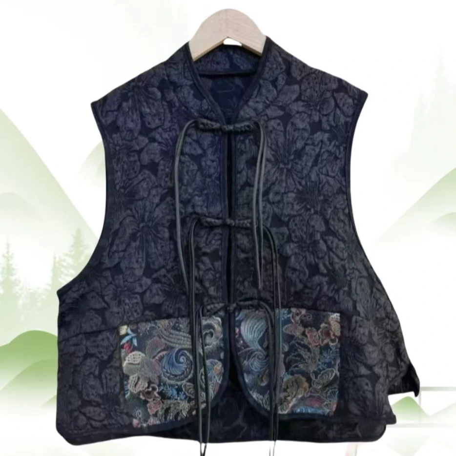 5-8新中式国风提花马夹女新款刺绣百搭洋气马甲黑色盘扣外套坎肩