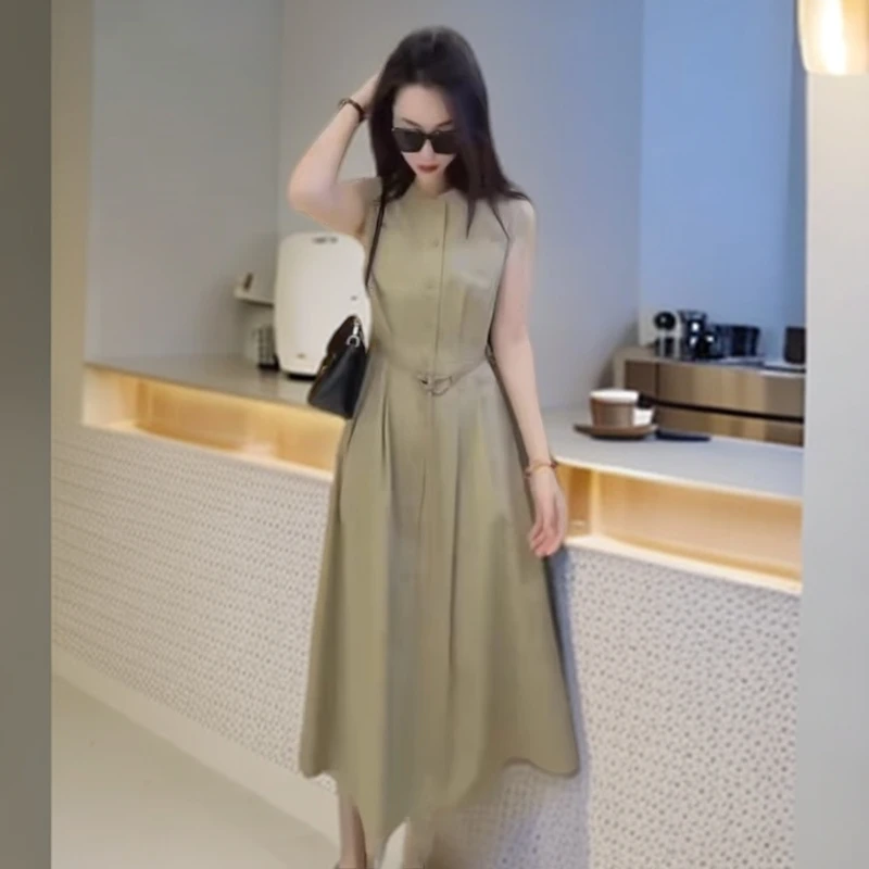 2025夏季网红新款时尚连衣裙女气质纯色单排扣收腰显瘦中长大摆裙