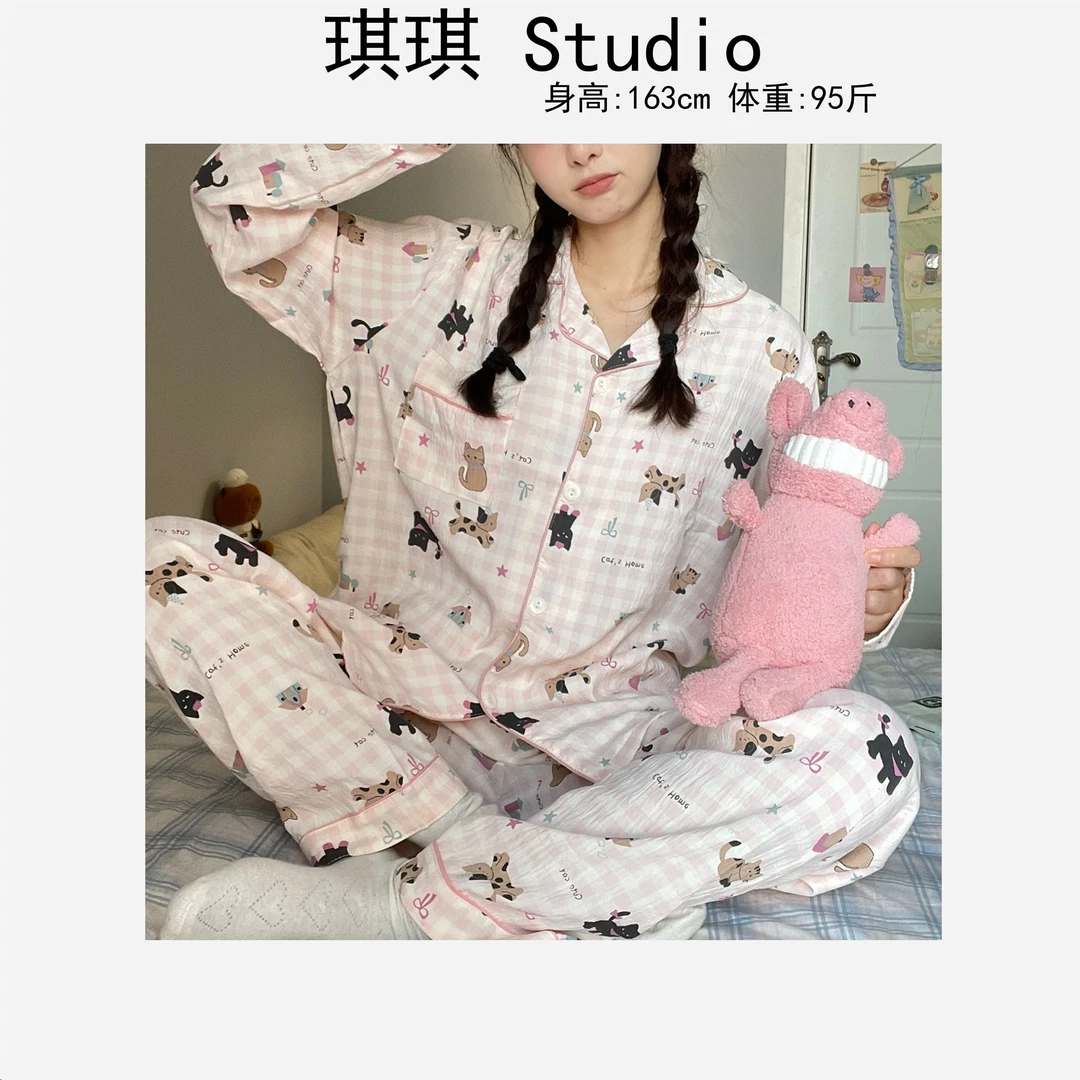 早春新款甜美洋气翻领排扣卡通字母蝴蝶结减龄休闲家居服套装-G