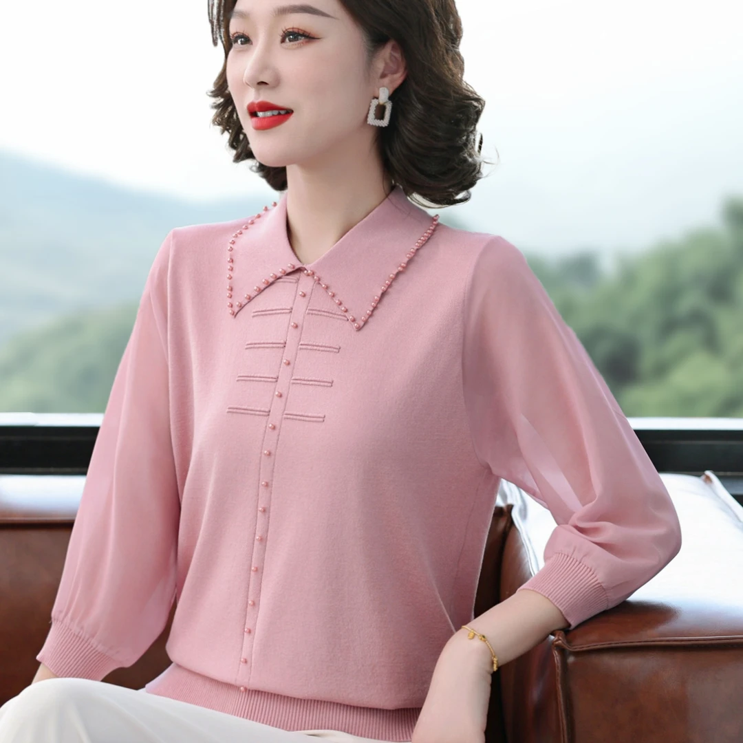 妈妈新款春装翻领纱袖上衣中老年女2025年夏季洋气薄款针织打底衫