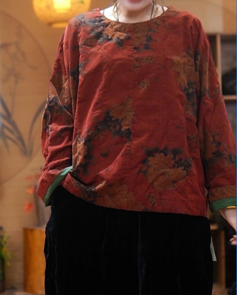 衣秋白-复古民族东北花纯棉套头薄双层上衣351002