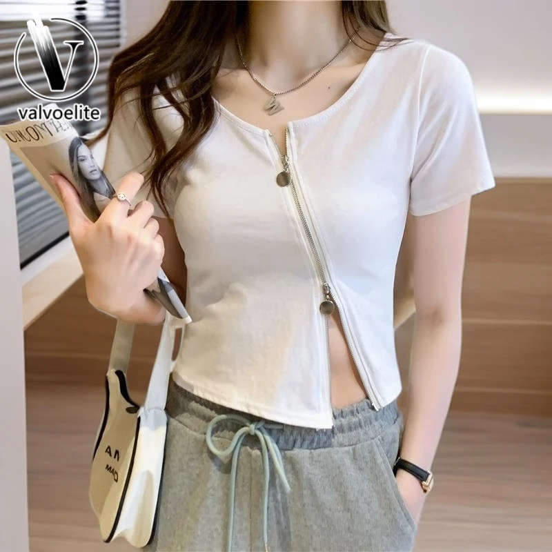 VALVOELITE纯欲辣妹风拉链上衣短袖女体恤女夏季开叉高腰短款别致