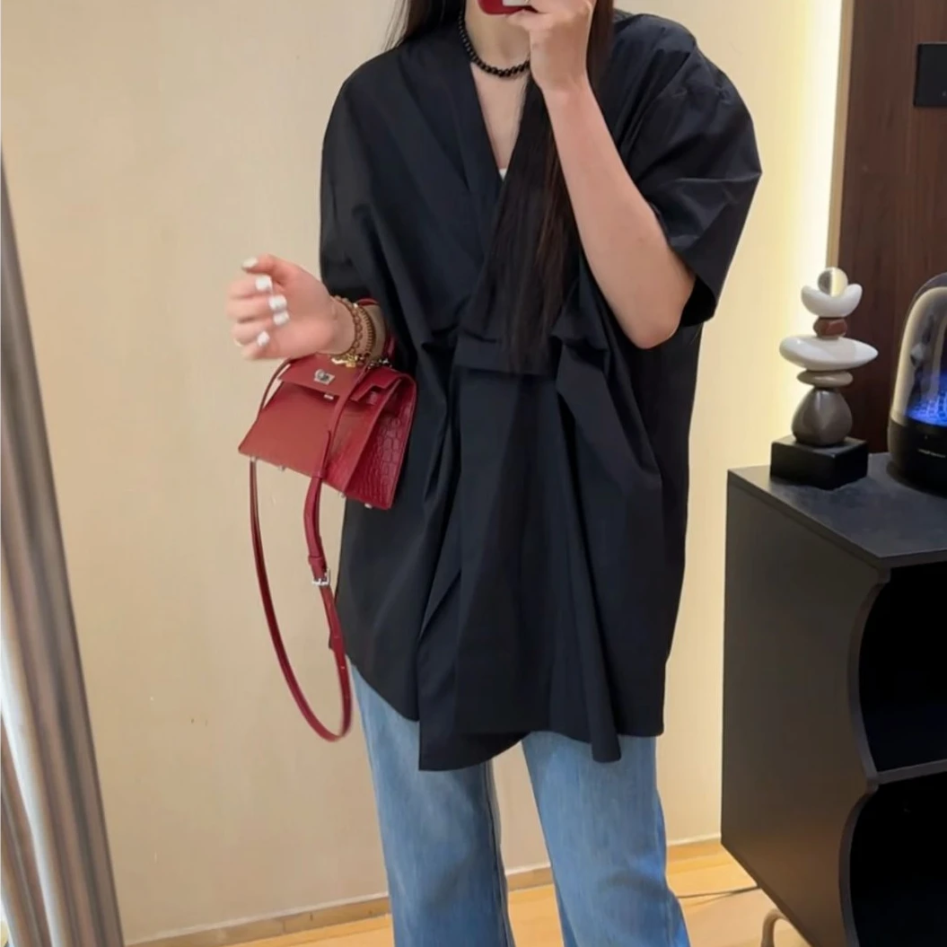 XJ法式夏季女装衬衫设计感简约常规上衣V领百搭 H0126