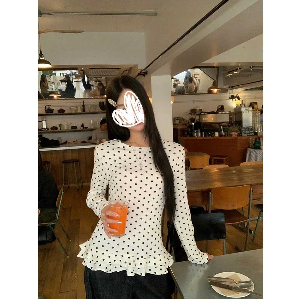 长袖t恤女2025新款秋季打底衫韩系穿搭设计感波点白色上衣#Y8088