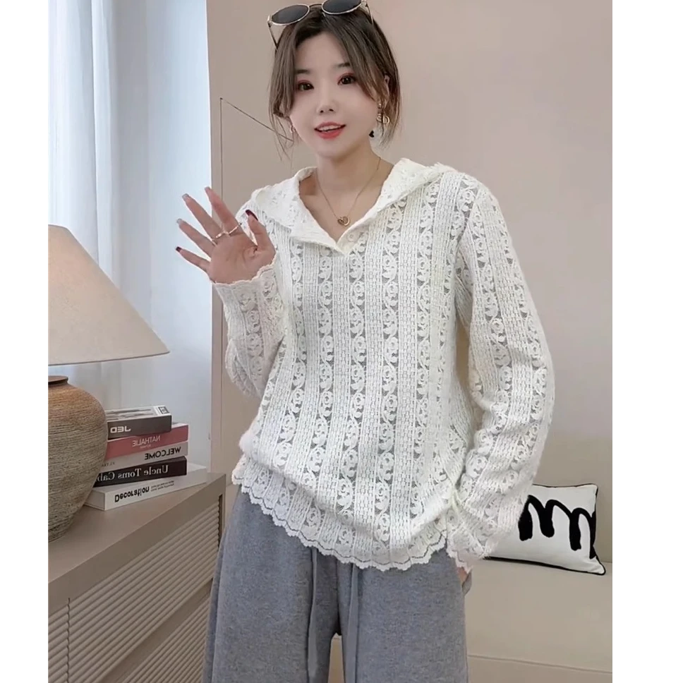 休闲减龄气质百搭显瘦重工钩花镂空长袖蕾丝连帽衫女法式打底衫