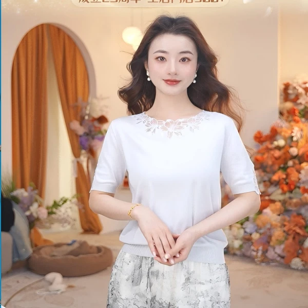25新款桑蚕丝减龄休闲百搭蕾丝边提花短袖女T恤340252011