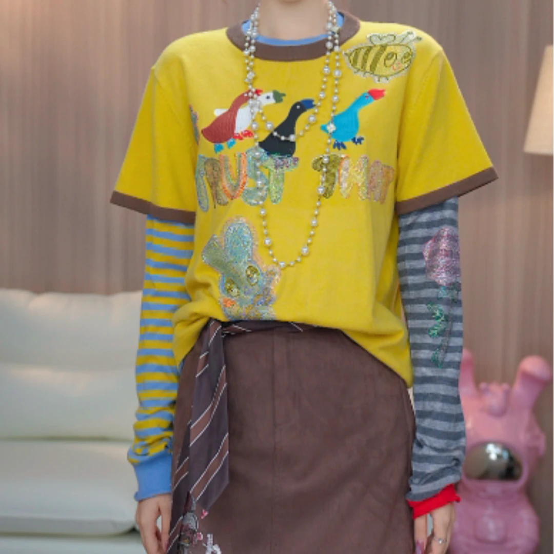 TCH私服秋冬氛围感烫钻时尚淑女气质黄色套装T75C07E5049轻奢tch