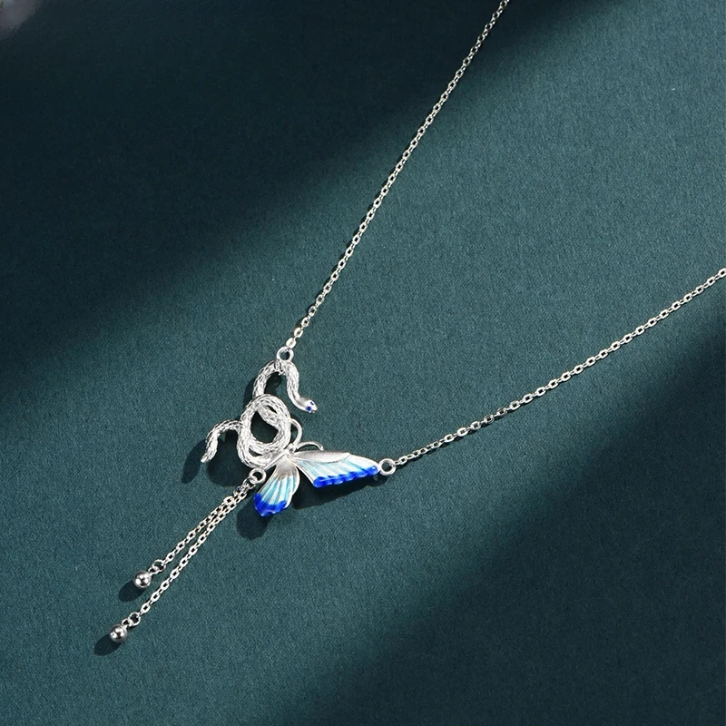 坠链均足银 足银999灵舞翩项链小众蝴蝶灵蛇银项链女情人节送女友