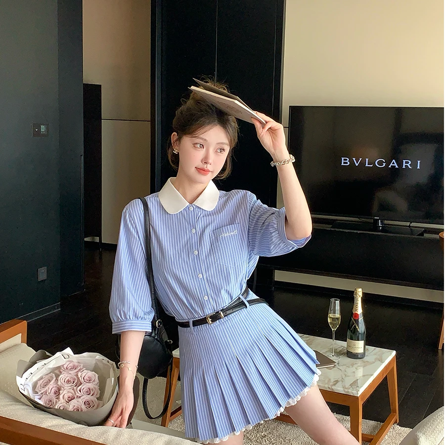 2025时尚套装女夏季韩版撞色娃娃领长袖衬衫高腰减龄百褶裙两件套