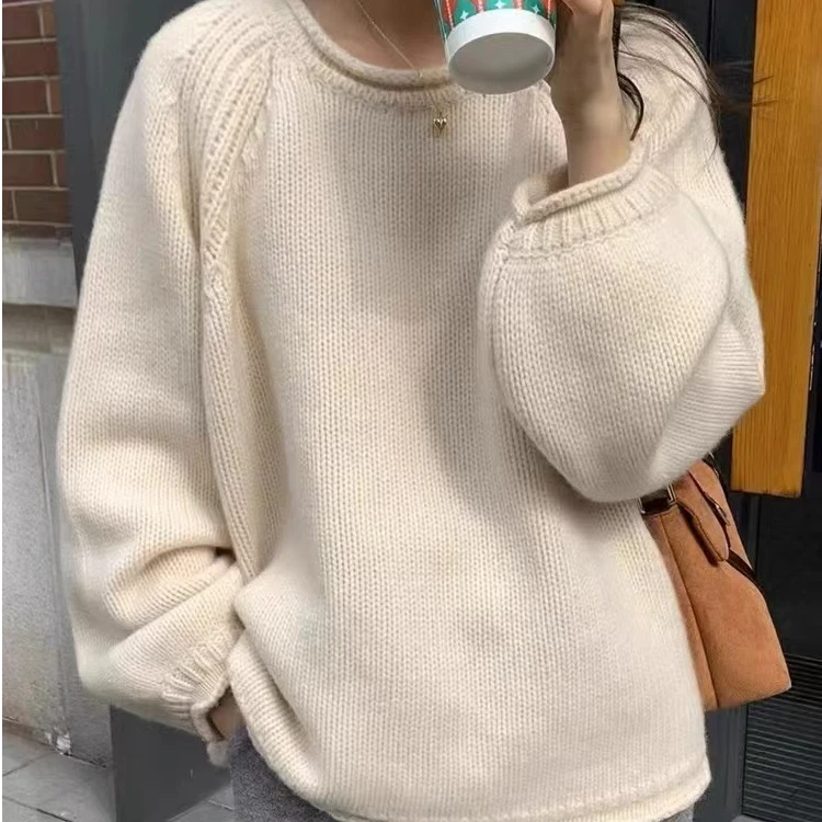 慵懒风100%纯羊毛衫圆领卷边加厚套头毛衣宽松显瘦羊毛针织打底
